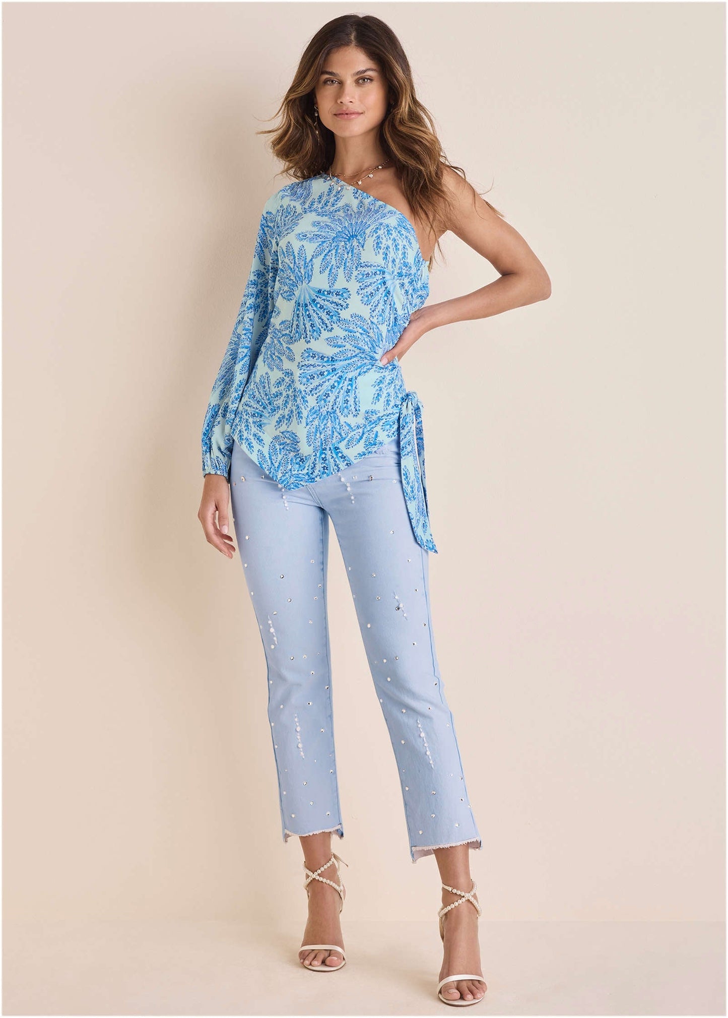 Printed One Shoulder Top - Blue Fans | Venus Great Deal
