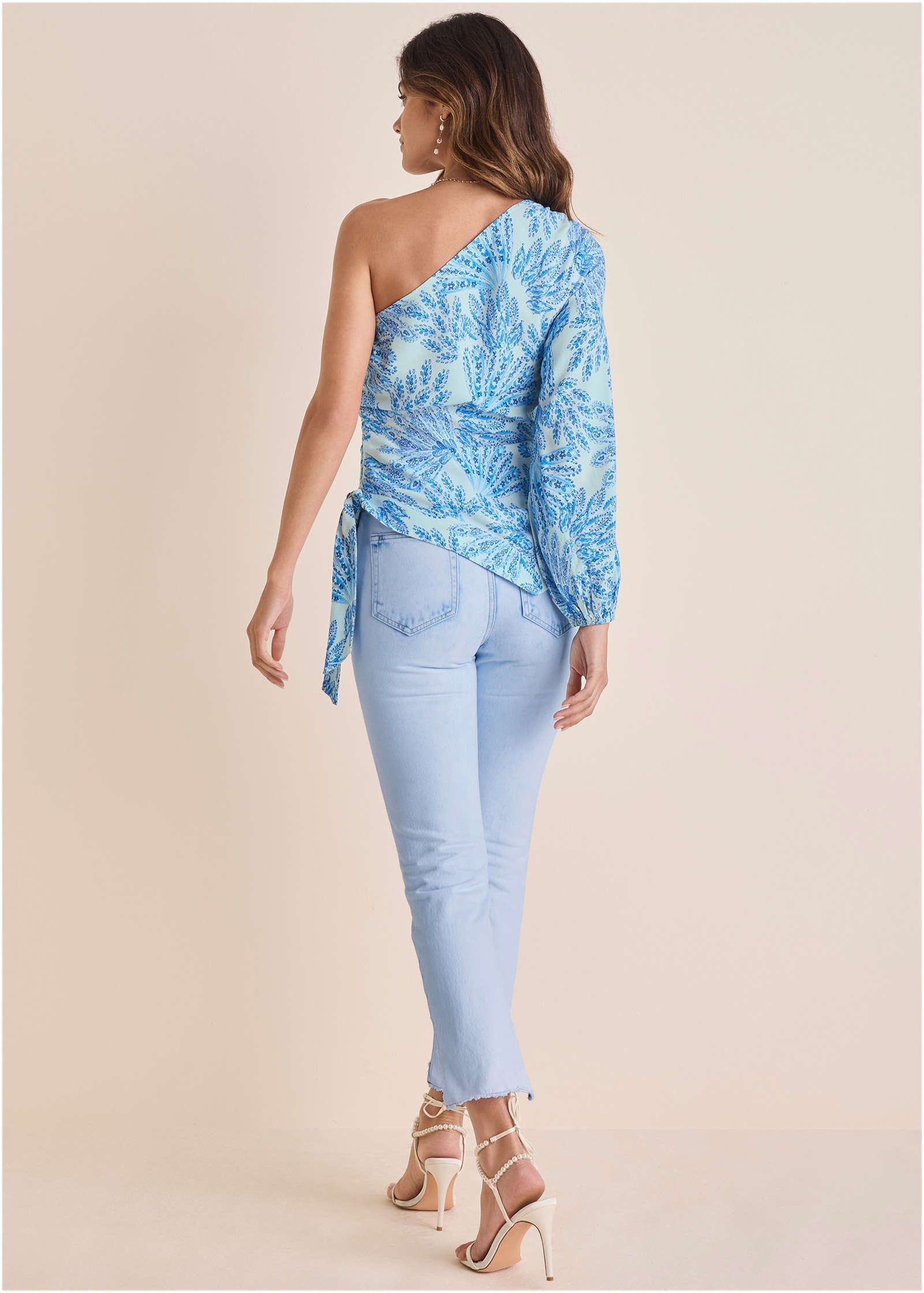 Printed One Shoulder Top - Blue Fans | Venus Great Deal