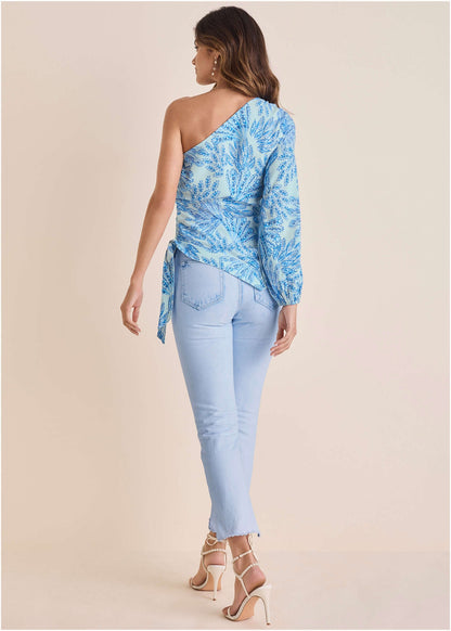 Printed One Shoulder Top - Blue Fans | Venus Great Deal