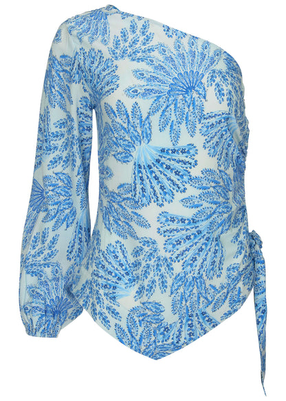 Printed One Shoulder Top - Blue Fans | Venus Great Deal