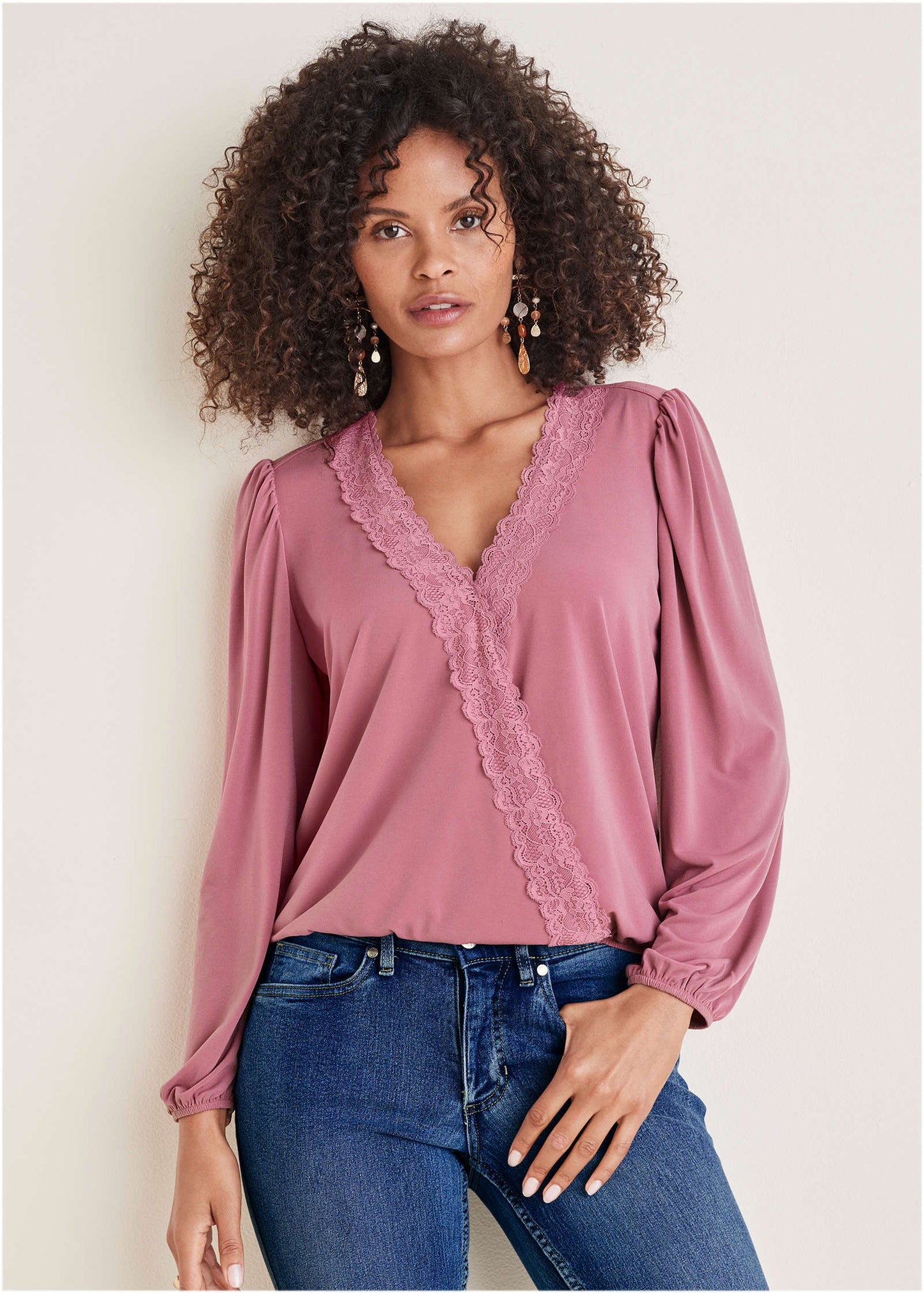 Faux Wrap Lace Trim Blouse - Heather Rose | Venus Special Offer