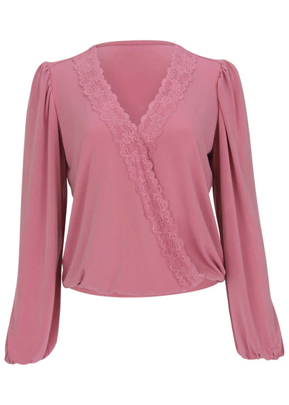 Faux Wrap Lace Trim Blouse - Heather Rose | Venus Special Offer