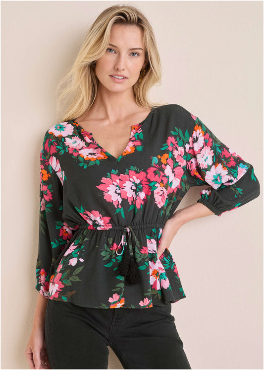 Tie Waist Blouson Top - Black Crisp Bouquet | Venus Popular Choice