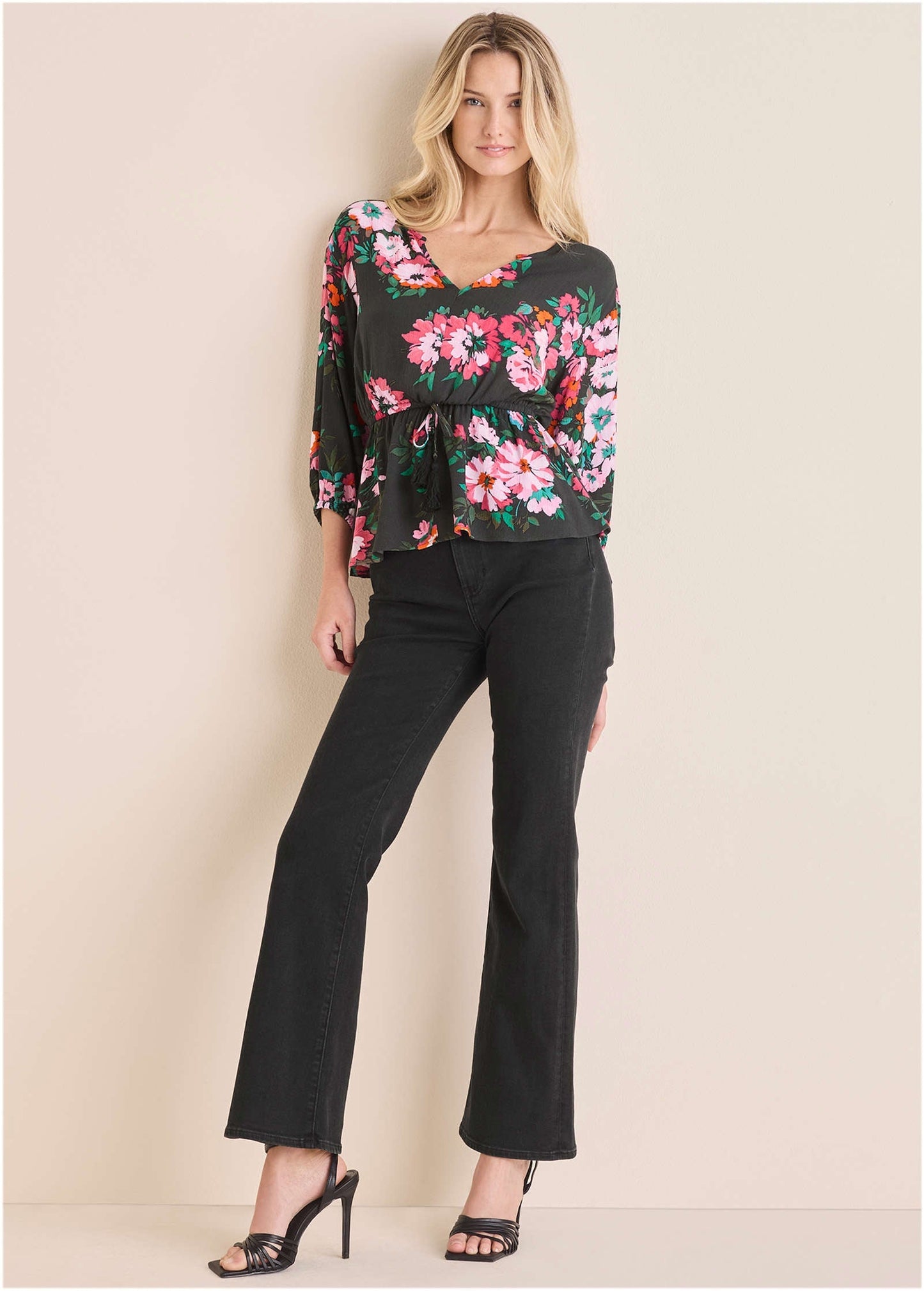 Tie Waist Blouson Top - Black Crisp Bouquet | Venus Popular Choice