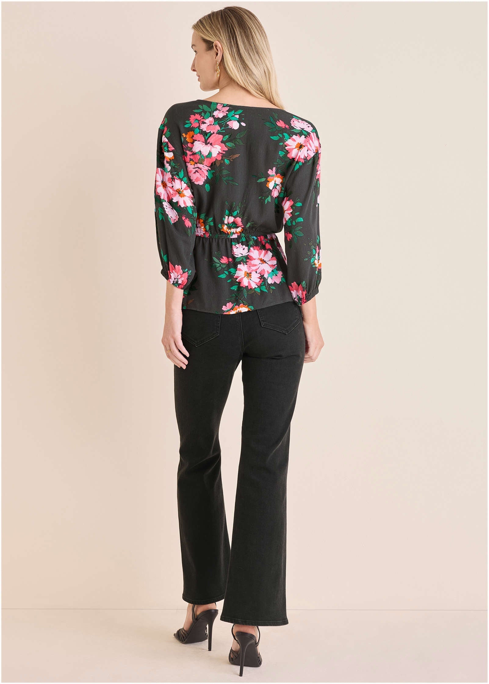 Tie Waist Blouson Top - Black Crisp Bouquet | Venus Popular Choice