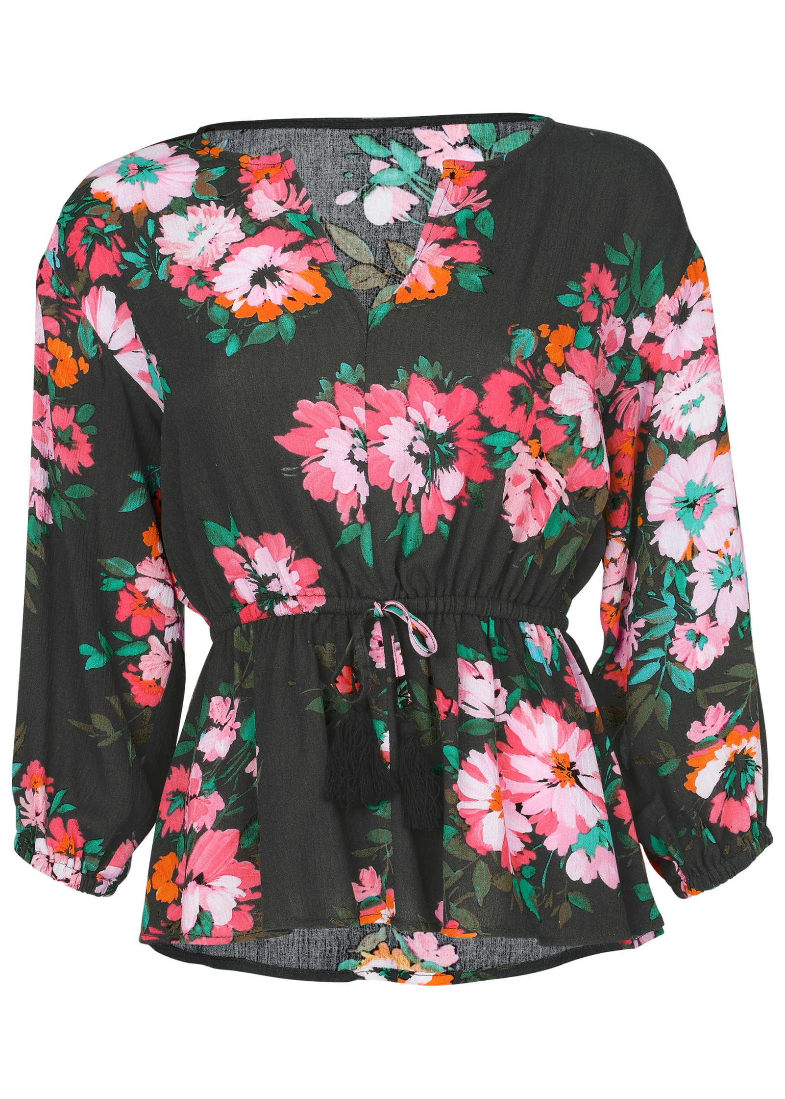 Tie Waist Blouson Top - Black Crisp Bouquet | Venus Popular Choice