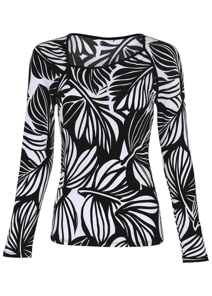 Asymmetric Neck Top - Black Contrast Bold Leaves | Venus Limited Edition