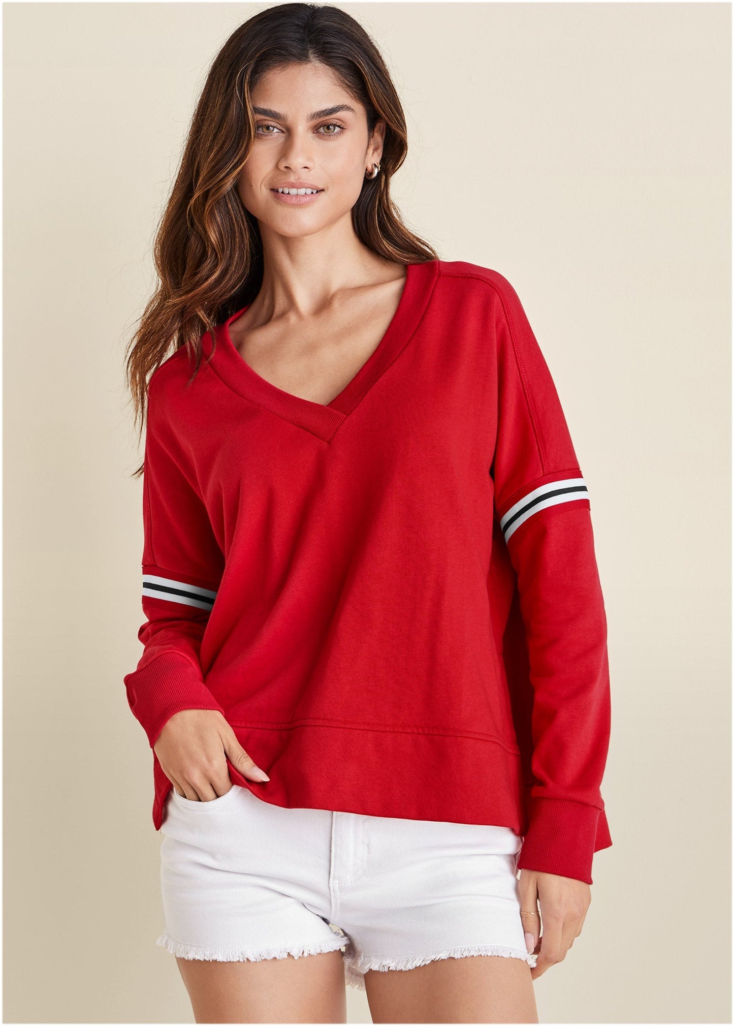 French Terry V-Neck Top - Red | Venus Sale