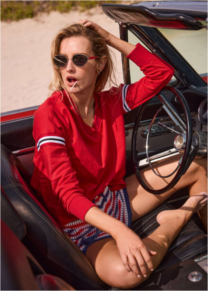 French Terry V-Neck Top - Red | Venus Sale