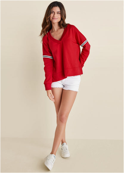 French Terry V-Neck Top - Red | Venus Sale