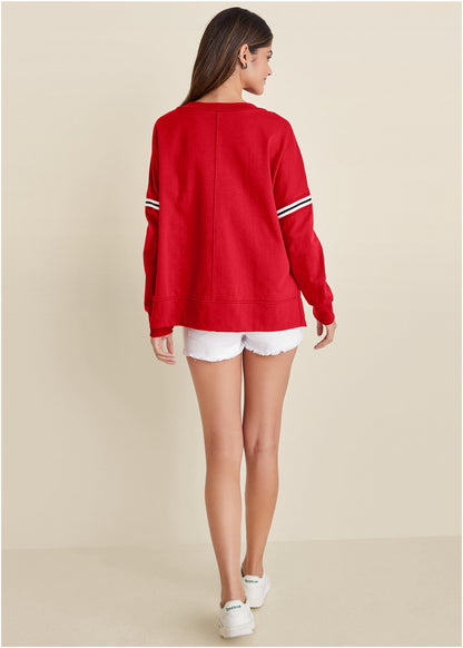 French Terry V-Neck Top - Red | Venus Sale