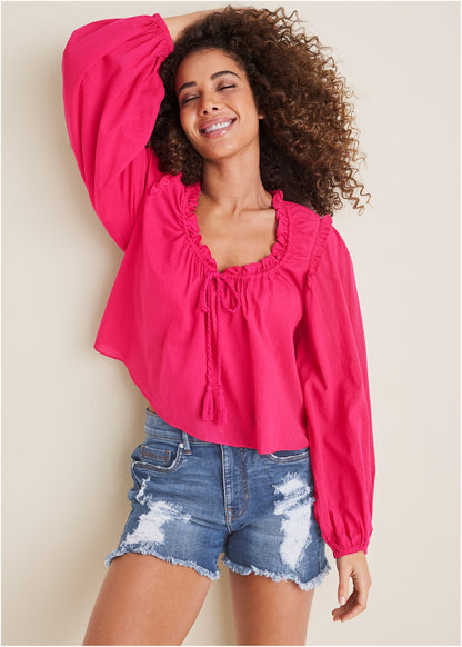 Tassel Long Sleeve Top - Dark Pink | Venus Cost Saving
