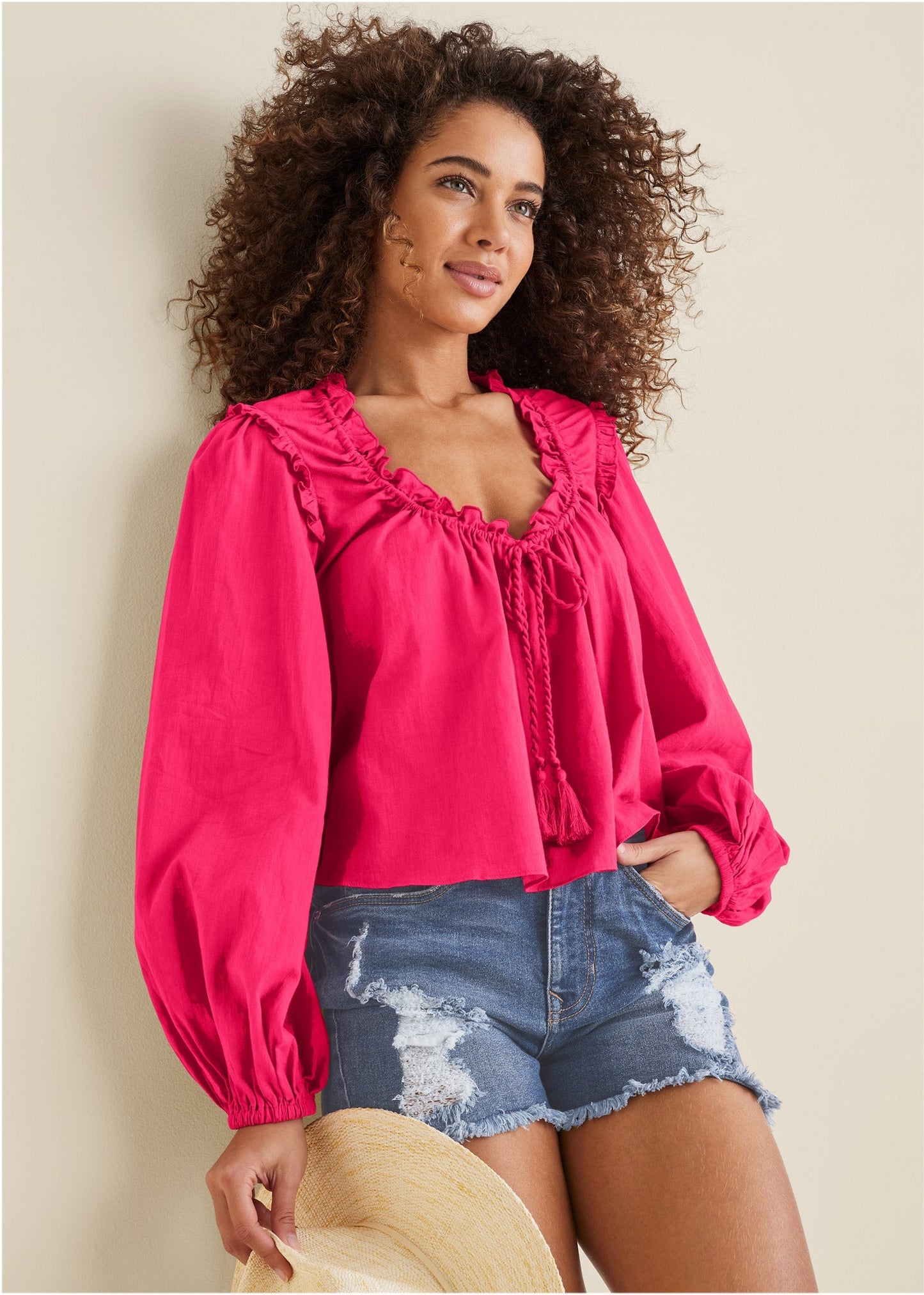 Tassel Long Sleeve Top - Dark Pink | Venus Cost Saving