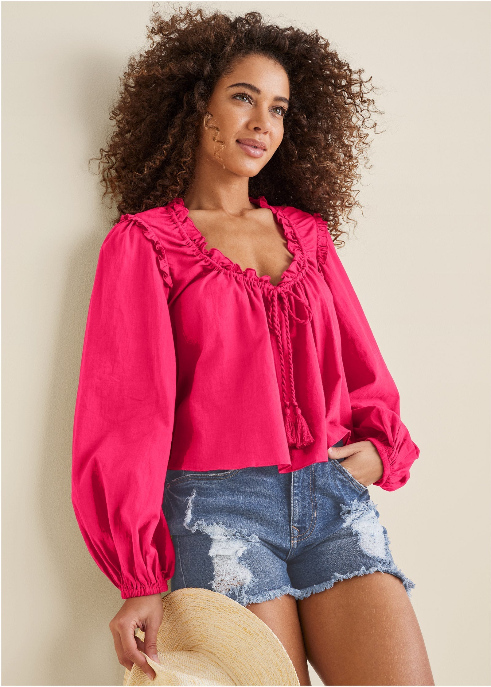 Tassel Long Sleeve Top - Dark Pink | Venus Cost Saving