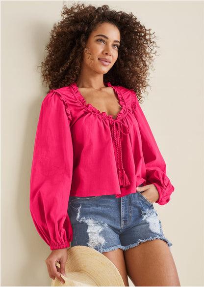 Tassel Long Sleeve Top - Dark Pink | Venus Cost Saving