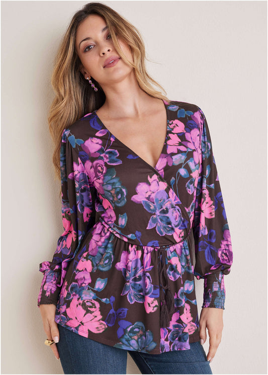 Balloon Sleeve Wrap Front Top - Electric Bouquet | Venus Affordable