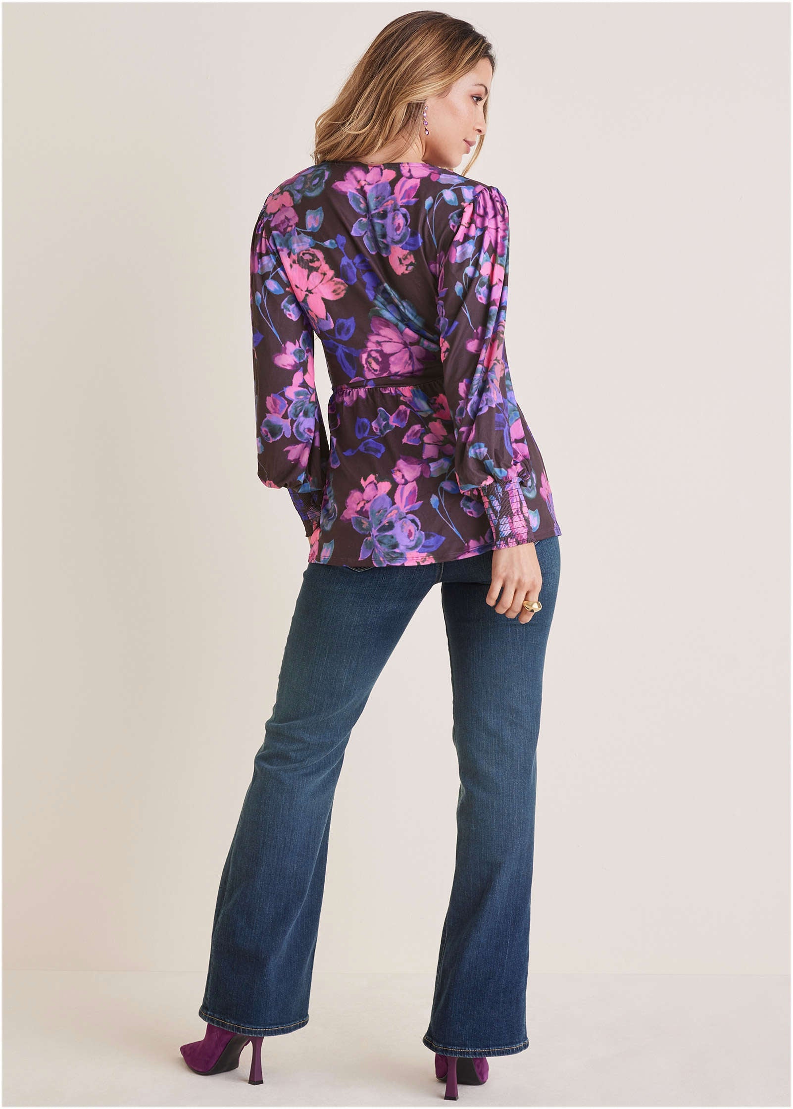 Balloon Sleeve Wrap Front Top - Electric Bouquet | Venus Affordable