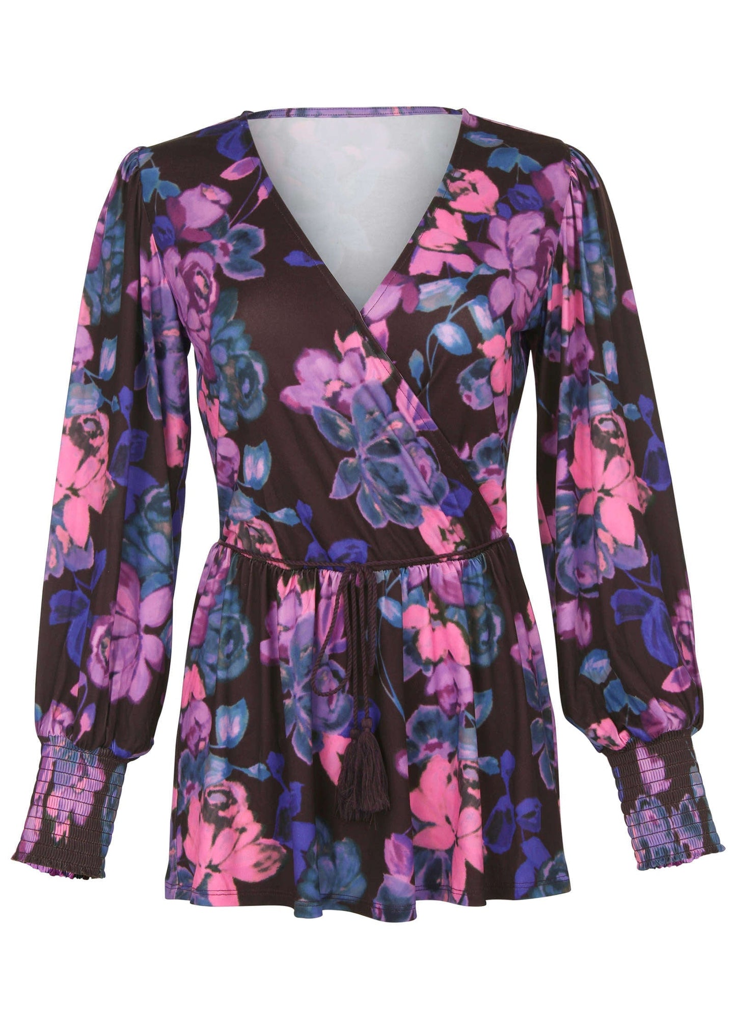 Balloon Sleeve Wrap Front Top - Electric Bouquet | Venus Affordable