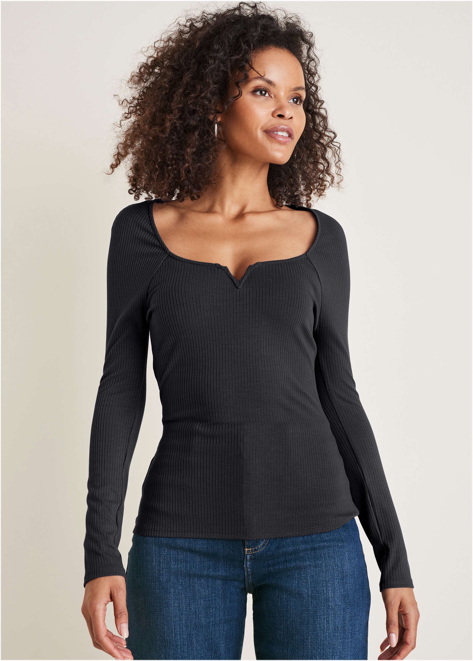 Deep Scoop Neck Ribbed Top - Jet Black | Venus Great Deal
