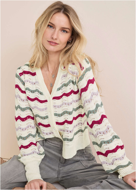 Stripe Pointelle Cardigan - Grey Multi | Venus Special Offer