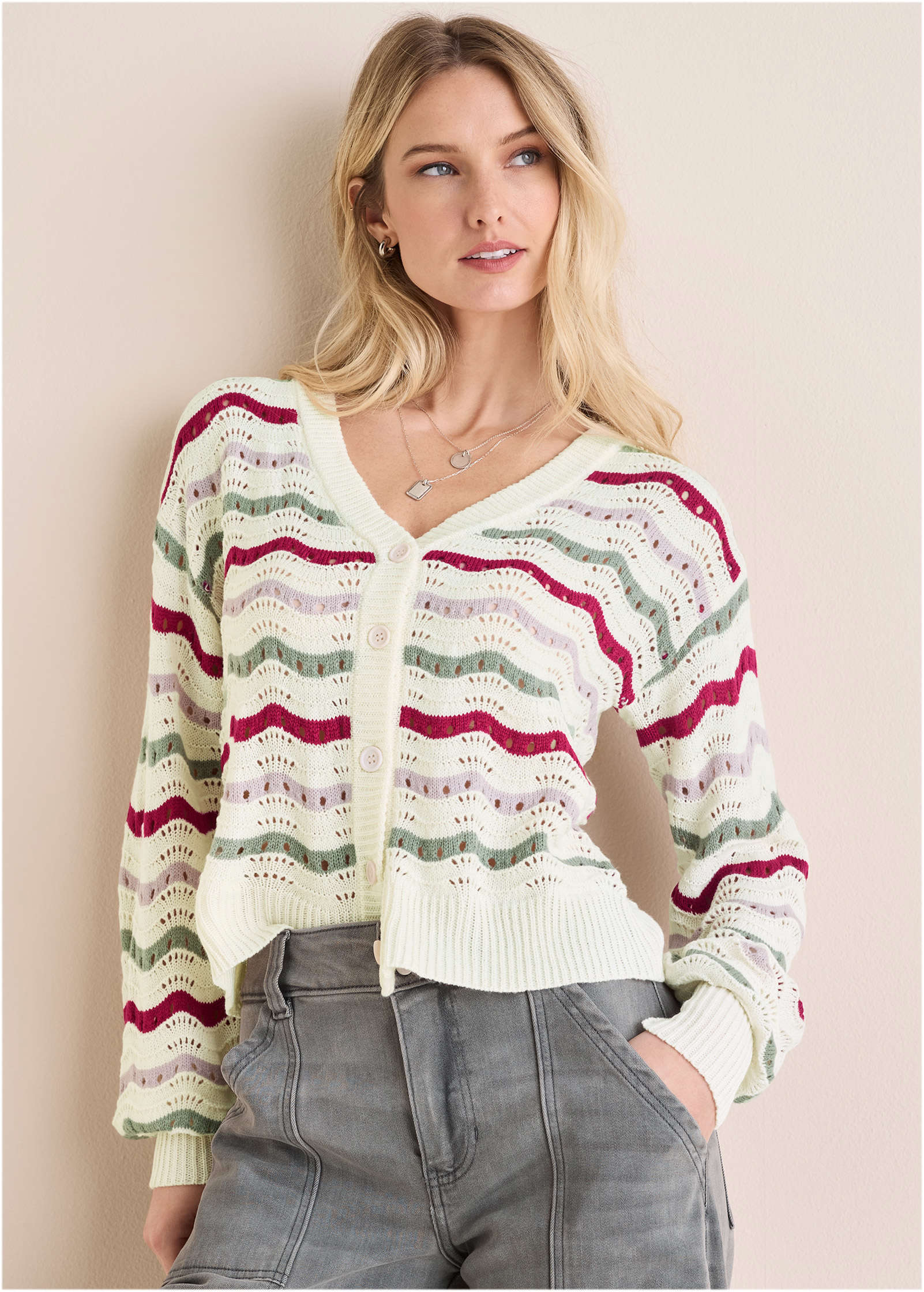 Stripe Pointelle Cardigan - Grey Multi | Venus Special Offer
