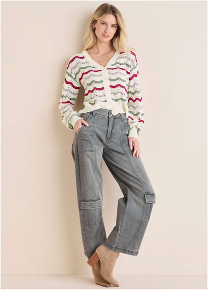 Stripe Pointelle Cardigan - Grey Multi | Venus Special Offer