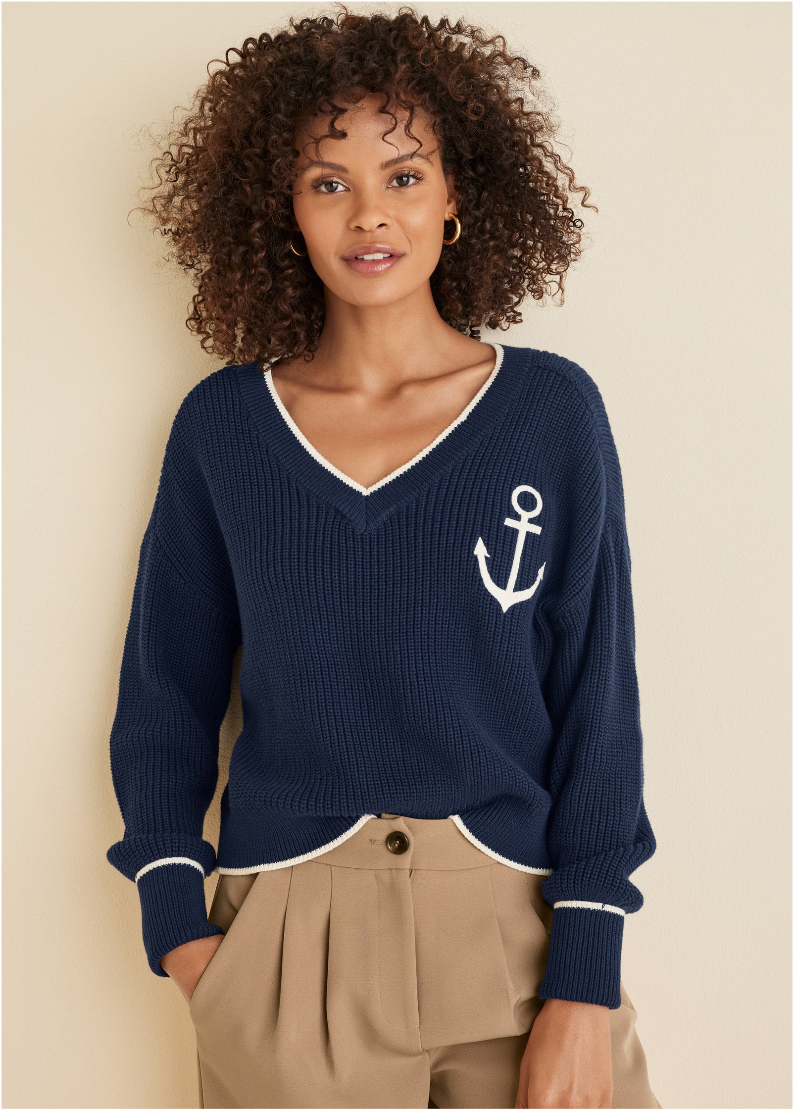 Anchor V-Neck Sweater - Navy & White | Venus Budget Friendly