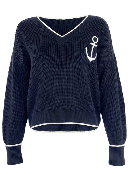 Anchor V-Neck Sweater - Navy & White | Venus Budget Friendly