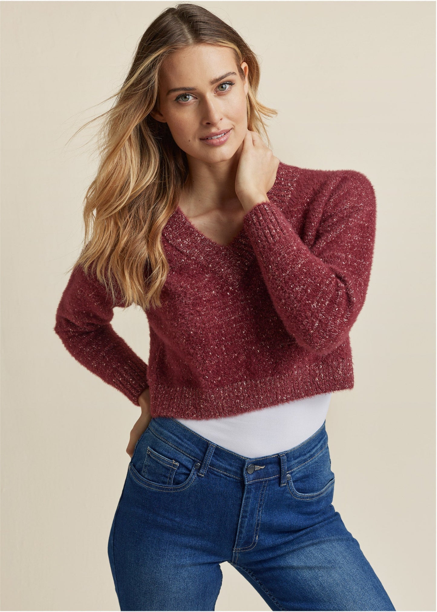 V-Neck Sweater - Burgundy | Venus Great Deal