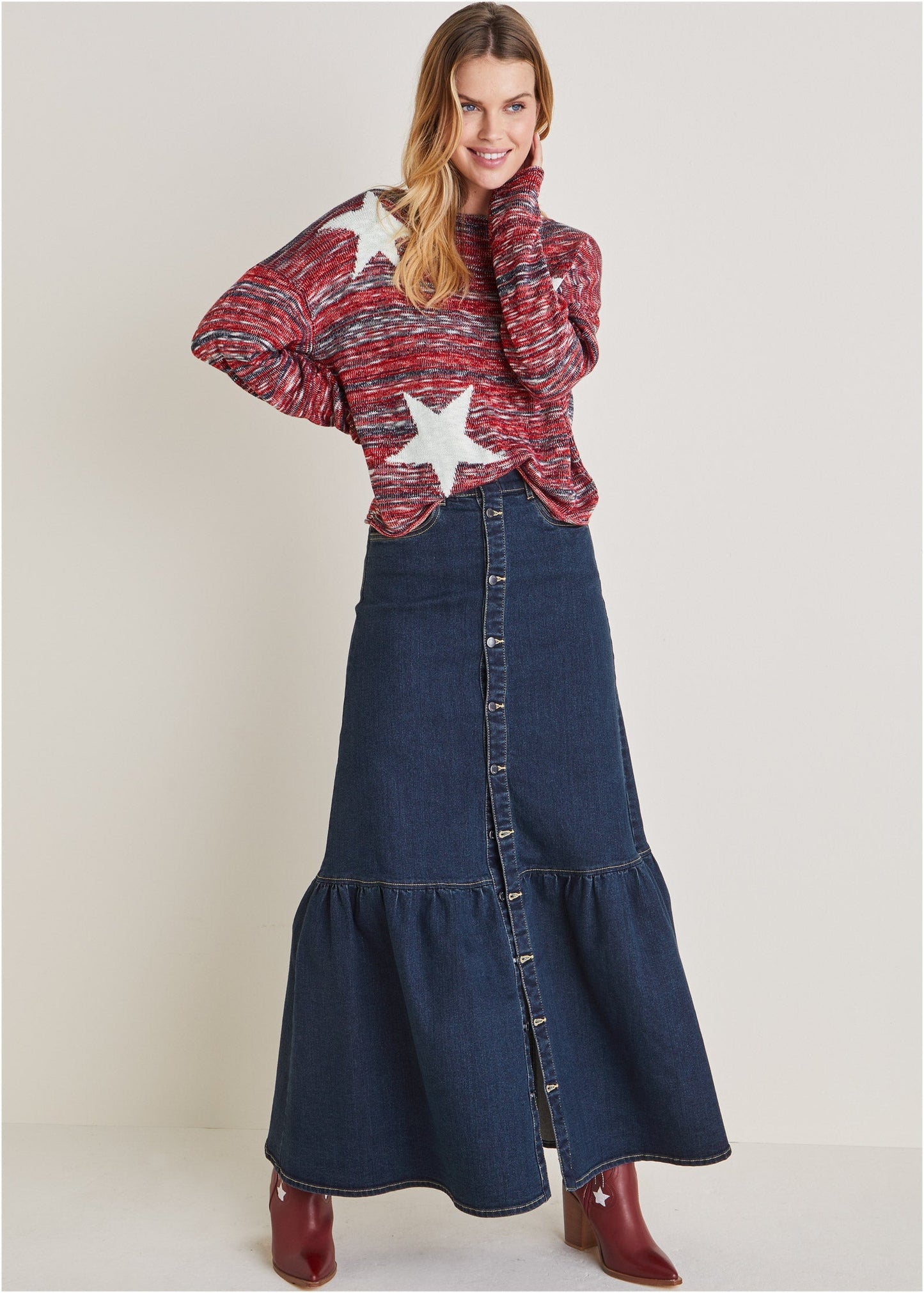 Cotton Slub Star Sweater - Racing Red Multi | Venus Best Seller