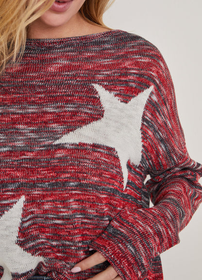 Cotton Slub Star Sweater - Racing Red Multi | Venus Best Seller