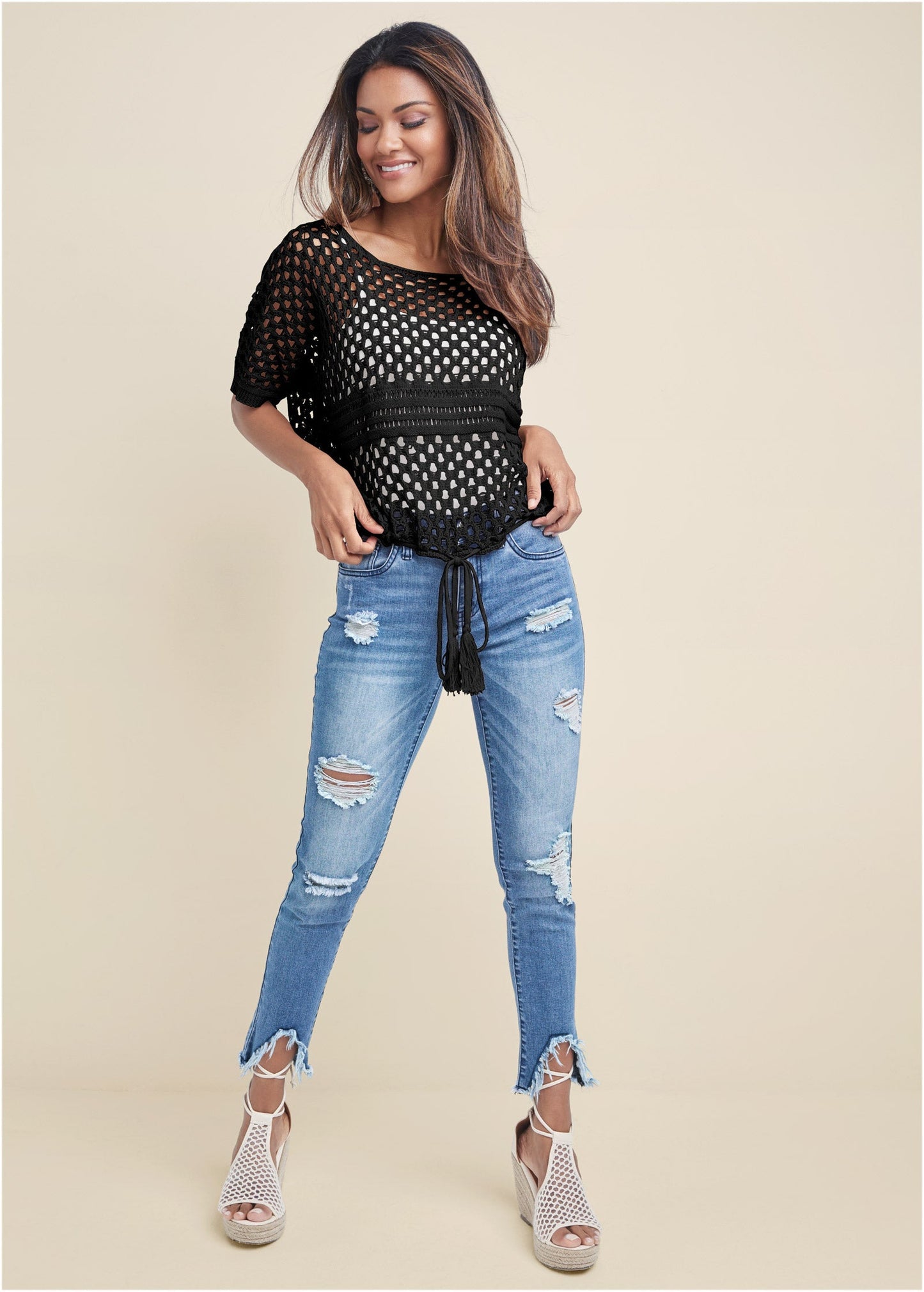 Cotton Open Knit Sweater Black | Venus Customer Favorite