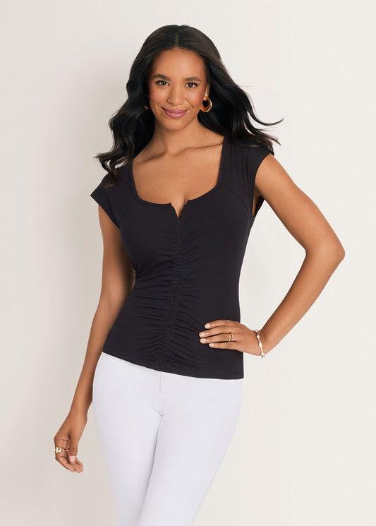 Ruched Cap Sleeve Top Jet Black | Venus Popular Choice