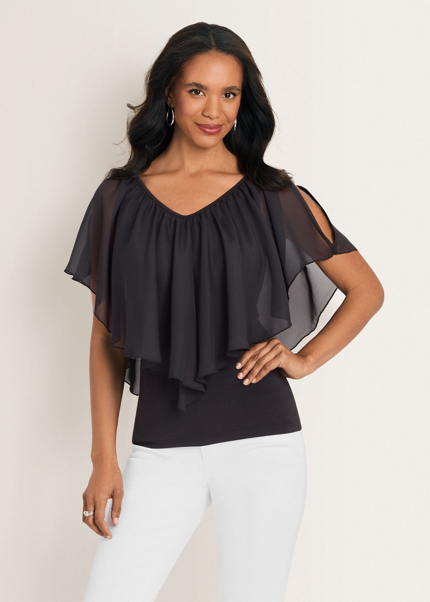 Cold Shoulder Flutter Top Jet Black | Venus Best Seller