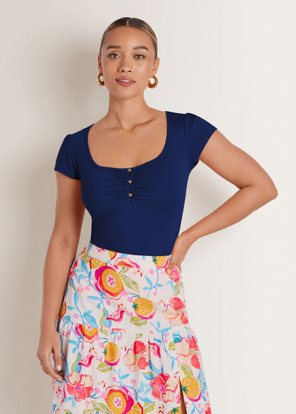 Square Neck Henley Navy Peony | Venus Sale