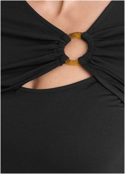 Cutout 3/4 Sleeve Top Jet Black | Venus Affordable
