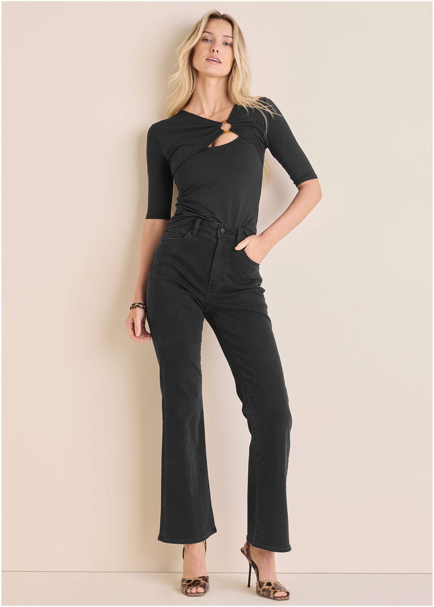 Cutout 3/4 Sleeve Top Jet Black | Venus Affordable