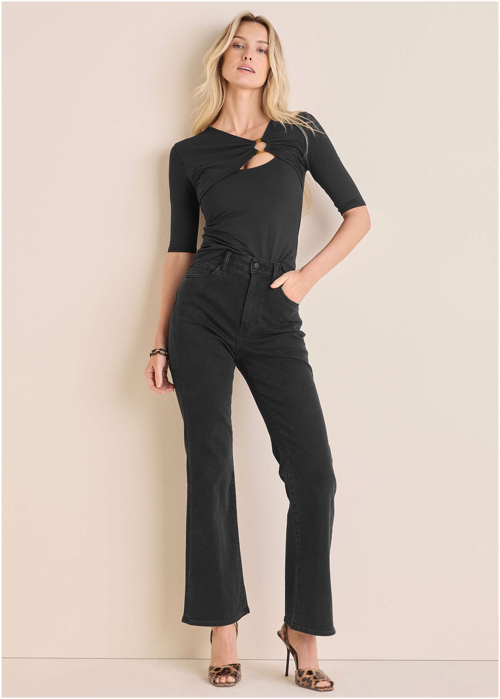 Cutout 3/4 Sleeve Top Jet Black | Venus Affordable