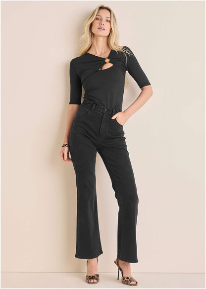 Cutout 3/4 Sleeve Top Jet Black | Venus Affordable