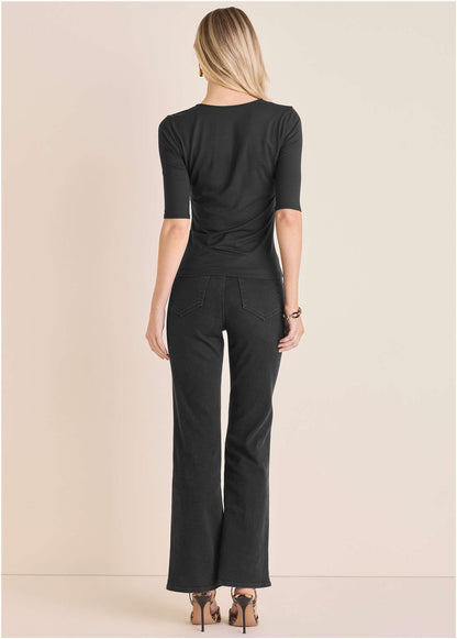 Cutout 3/4 Sleeve Top Jet Black | Venus Affordable
