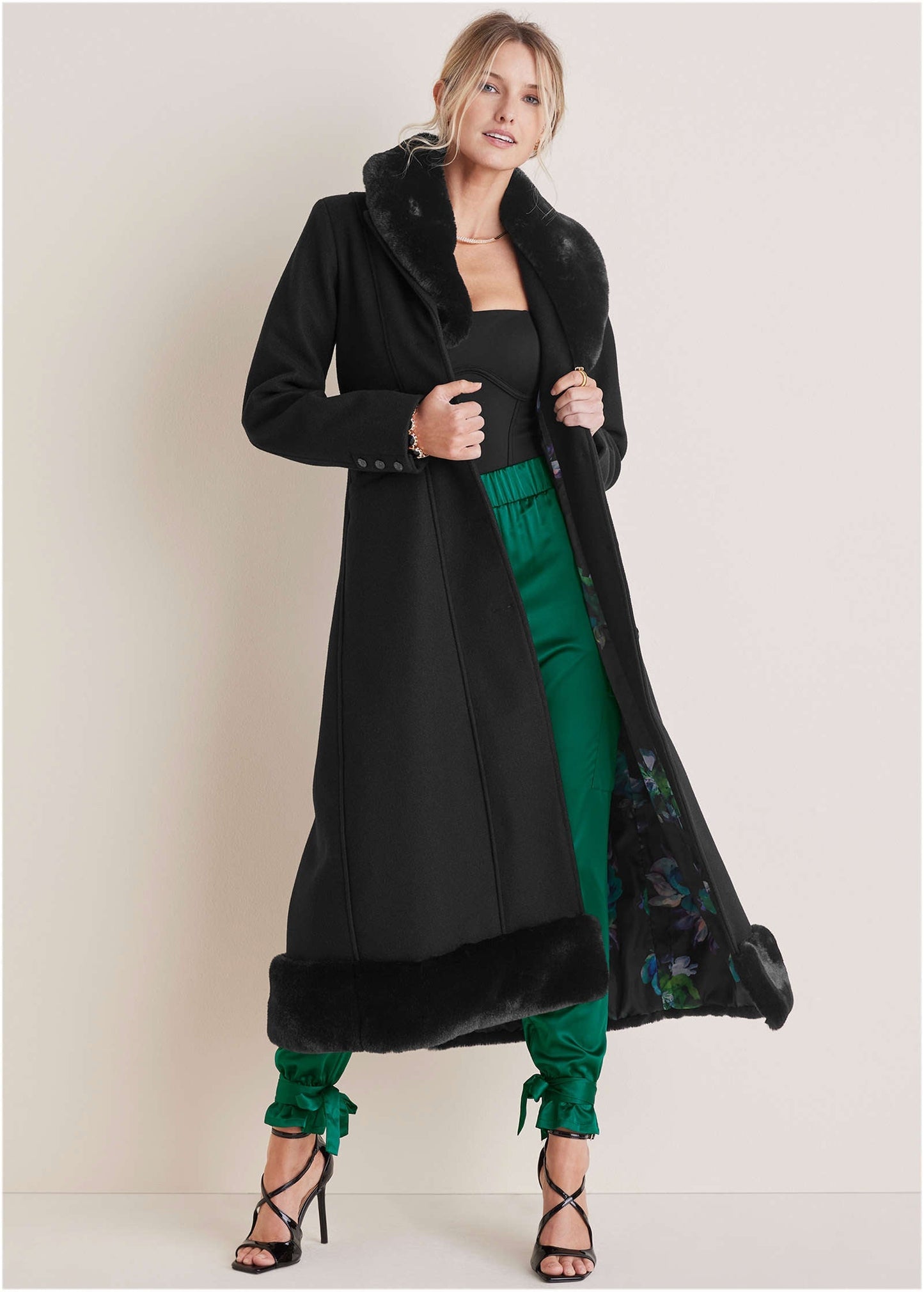 Faux-Fur Trim Long Coat - Jet Black | Venus Popular Choice