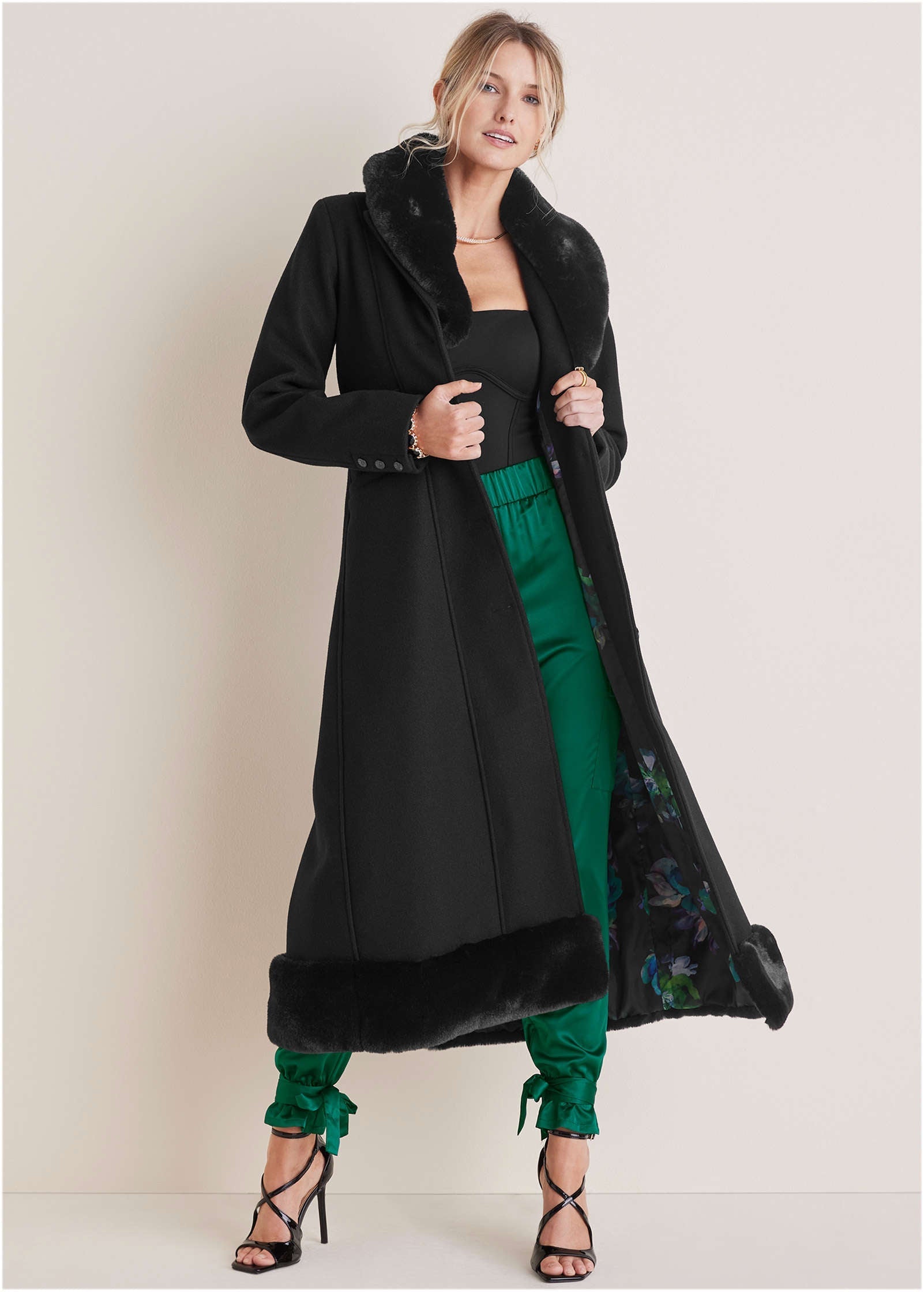 Faux-Fur Trim Long Coat - Jet Black | Venus Popular Choice