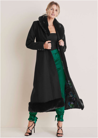 Faux-Fur Trim Long Coat - Jet Black | Venus Popular Choice