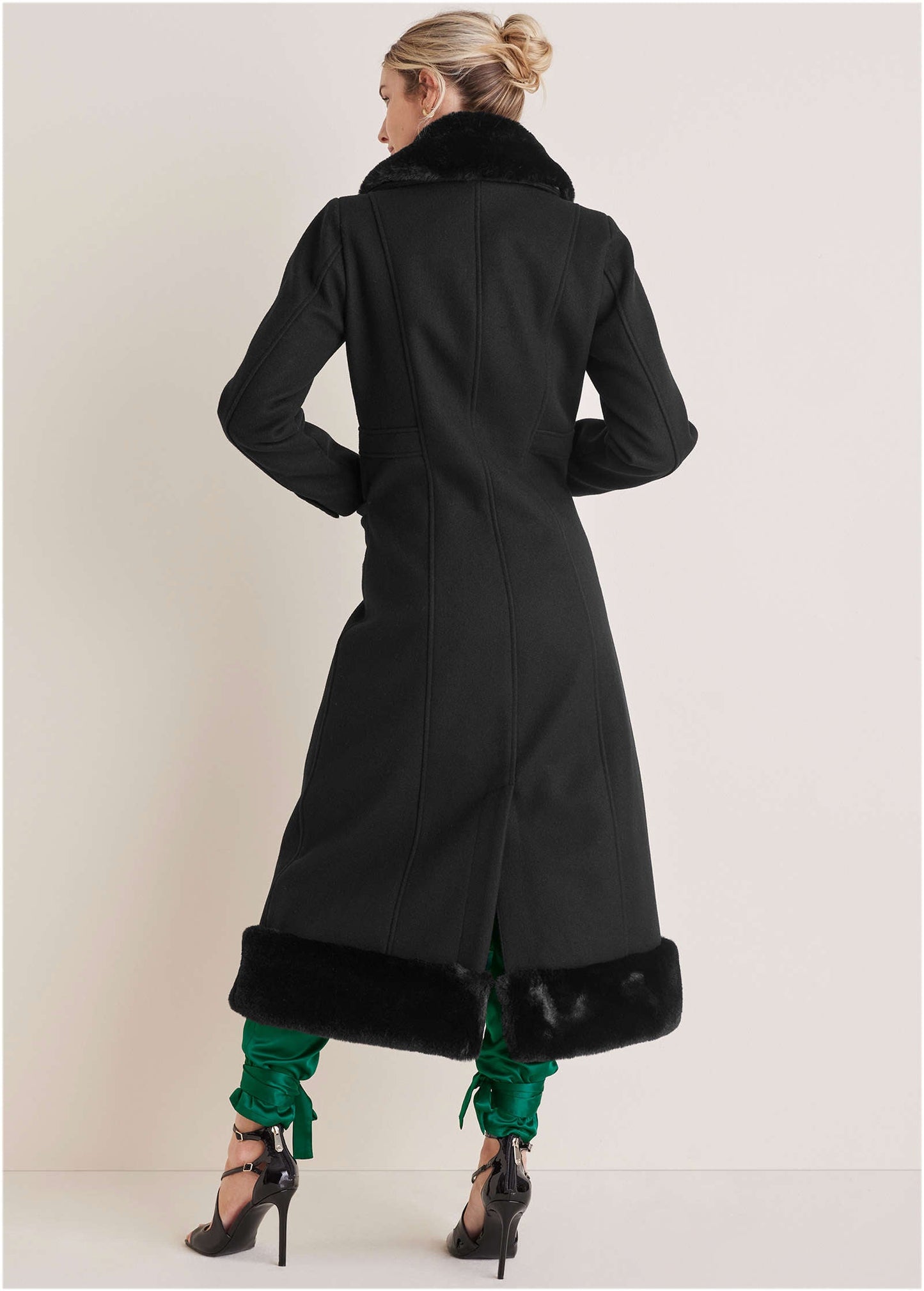 Faux-Fur Trim Long Coat - Jet Black | Venus Popular Choice