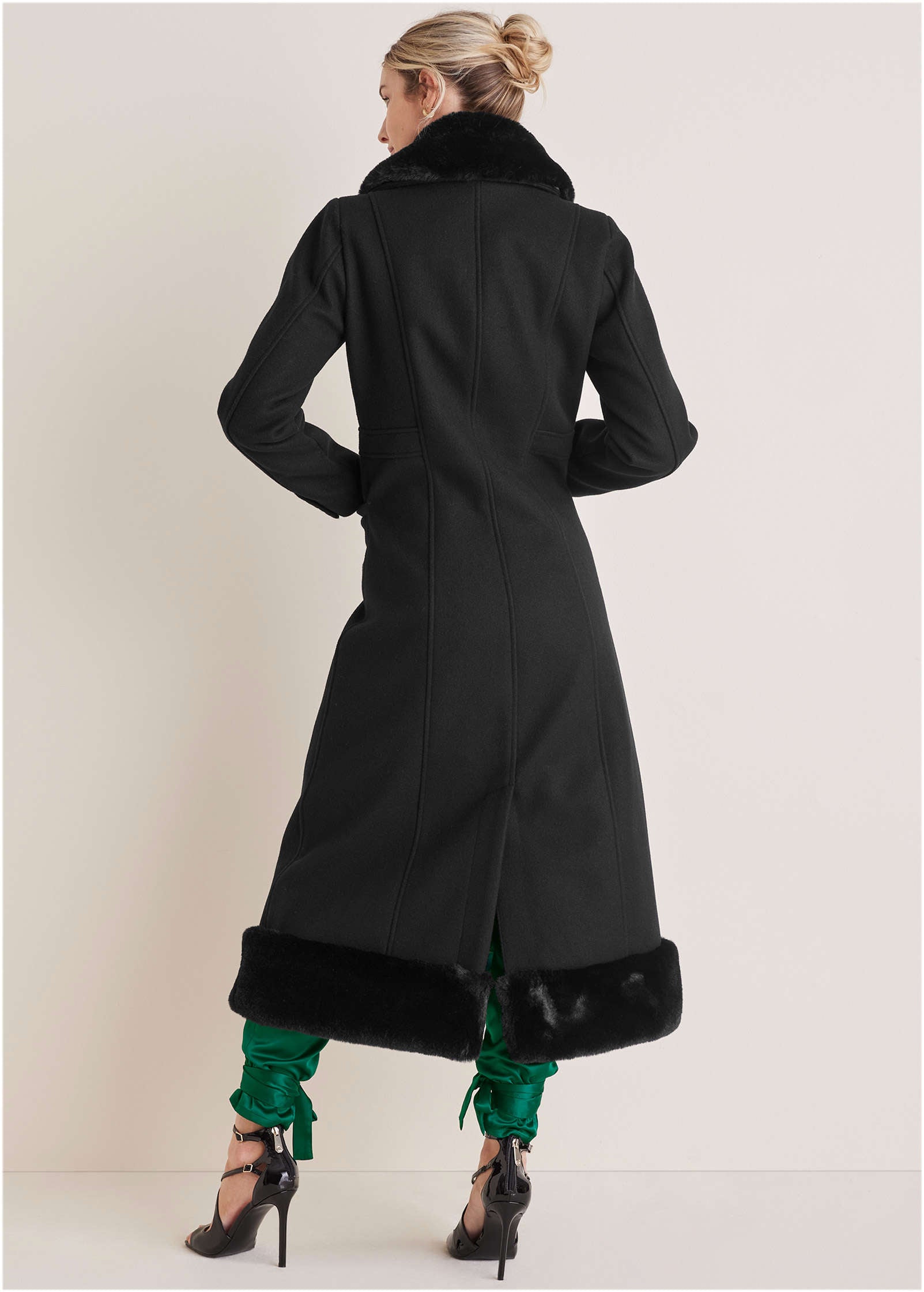 Faux-Fur Trim Long Coat - Jet Black | Venus Popular Choice