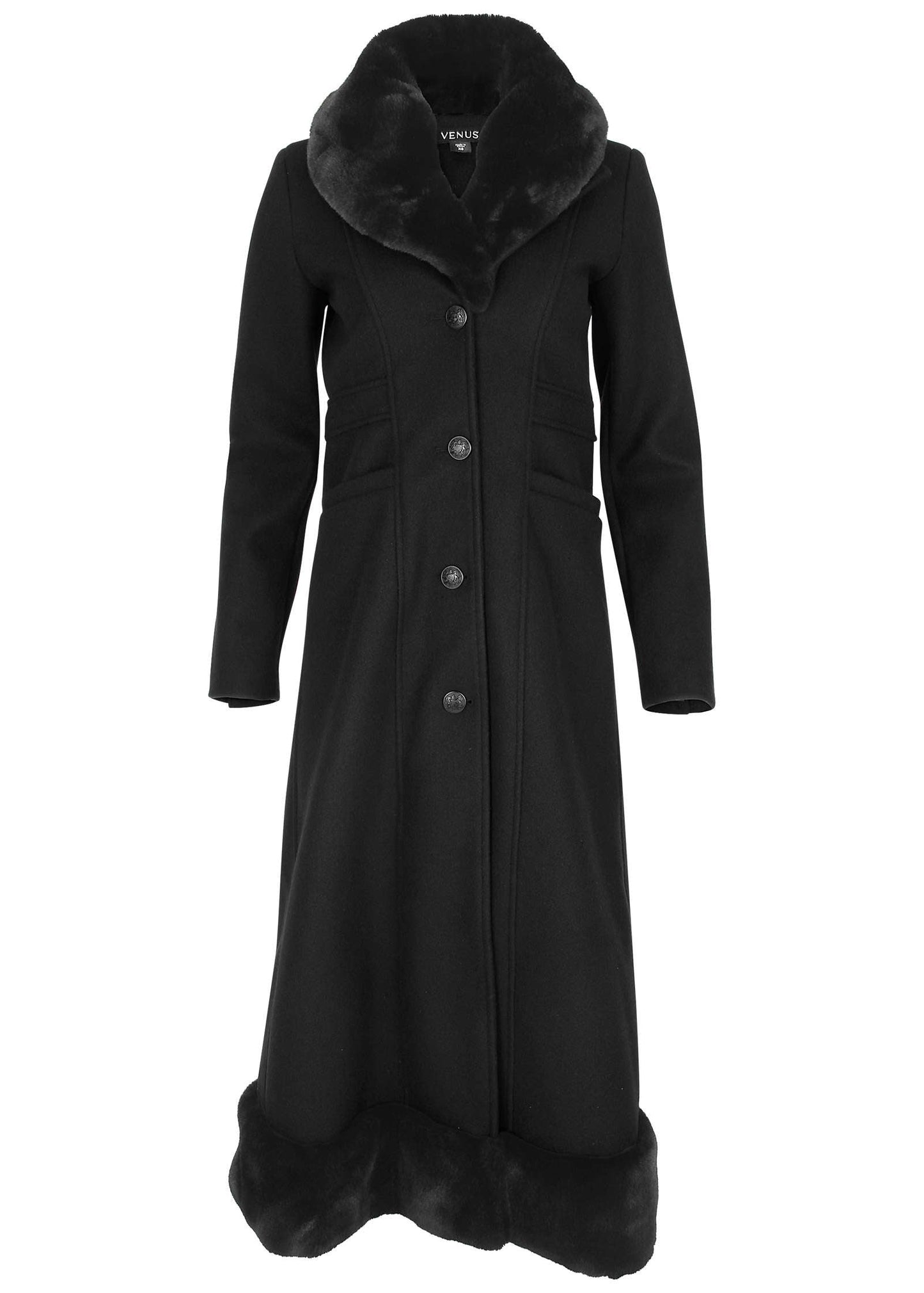 Faux-Fur Trim Long Coat - Jet Black | Venus Popular Choice