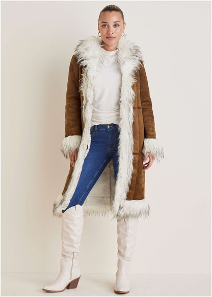 Faux Suede And Sherpa Coat - Tan | Venus Cost Saving