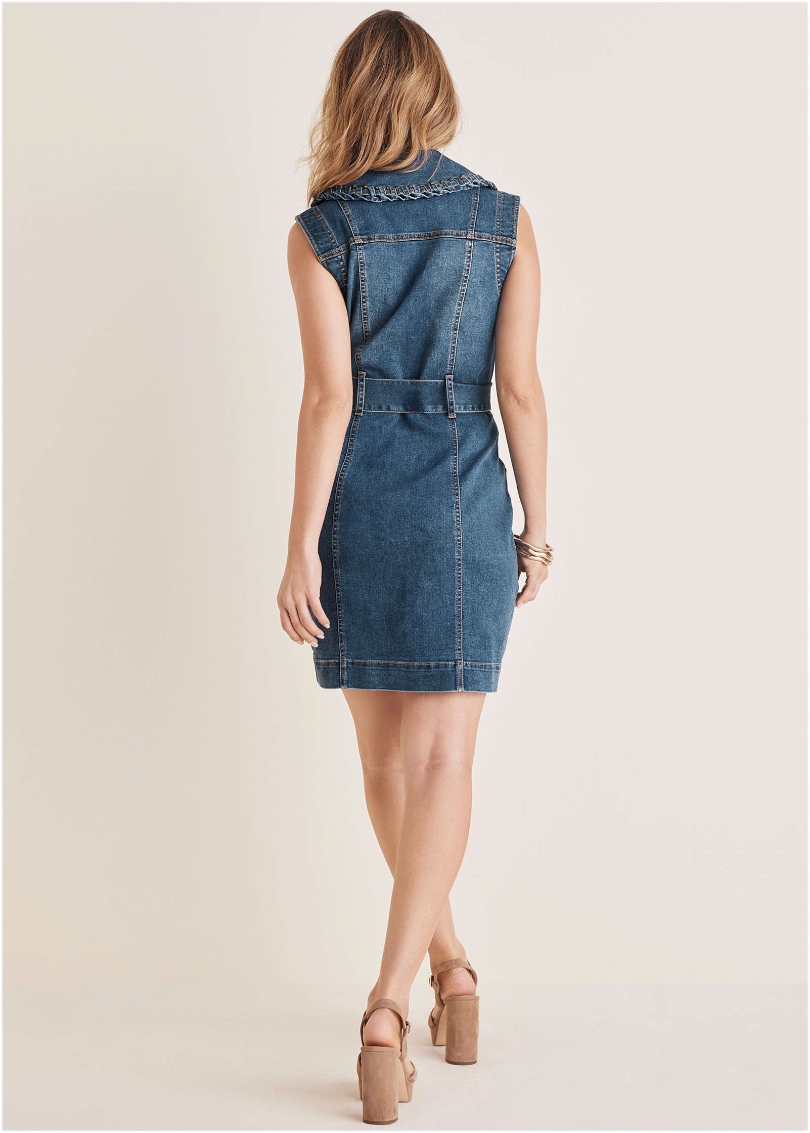 Whip Stitch Denim Mini Dress - Sleeveless Tie Waist | Venus Value