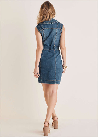 Whip Stitch Denim Mini Dress - Sleeveless Tie Waist | Venus Value