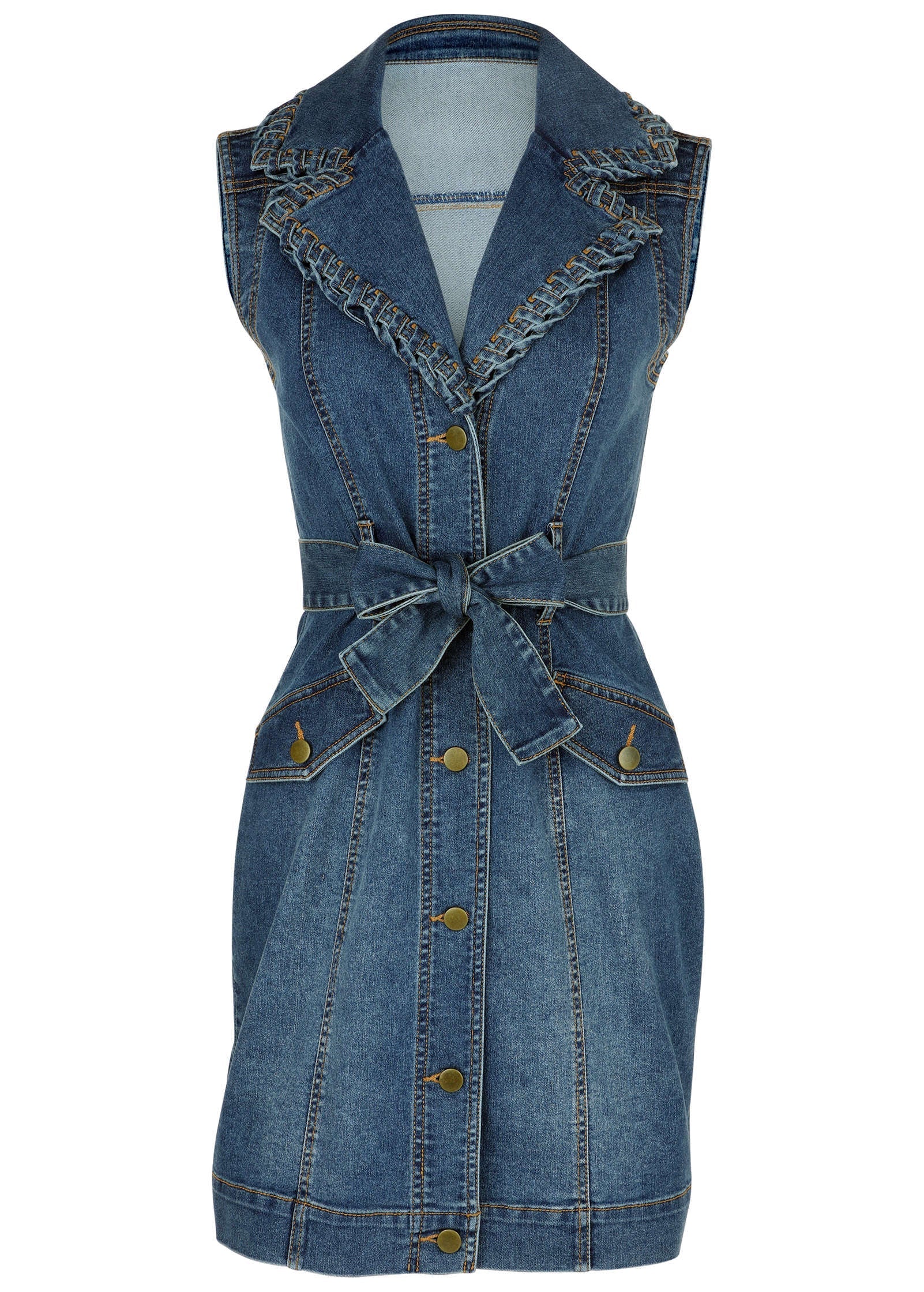 Whip Stitch Denim Mini Dress - Sleeveless Tie Waist | Venus Value